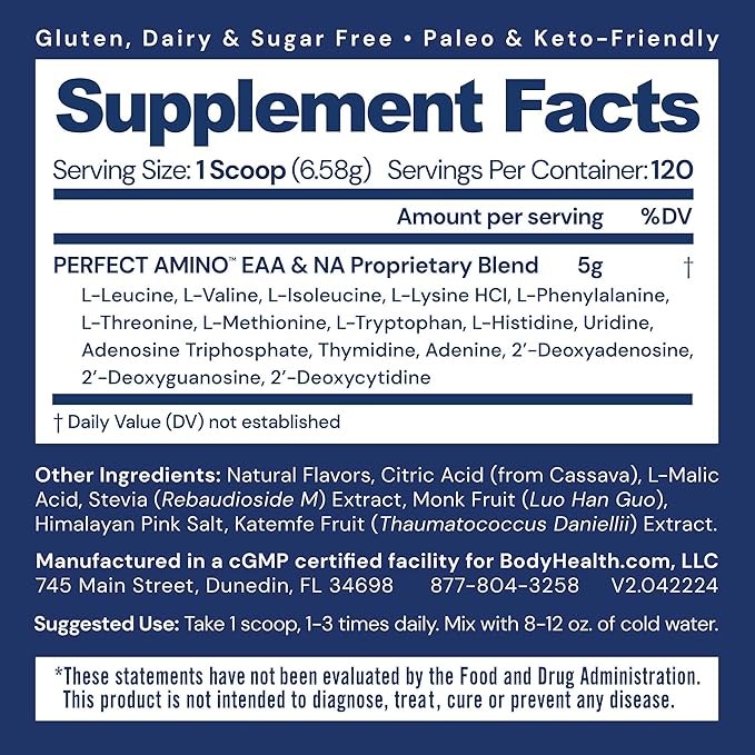 BodyHealth PerfectAmino Powder - BCAA and EAA Powder for Pre and Post Workout - Amino Acid Energy Drink for Men and Women to Support Lean Muscle and Recovery - Mixed Berry - 120 Servings