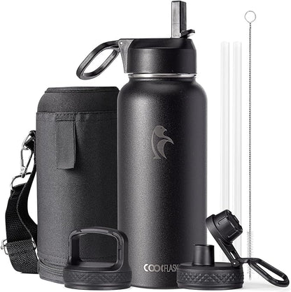 Water Bottle 32 oz Insulated with Straw, Coolflask Stainless Steel Metal 3 Lids Water Flask Wide Mouth for Sports or Office, Non-BPA Keep Cold Up to 48 Hrs or Hot Up to 24 Hrs, Magic Black