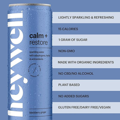 Heywell Sparkling Adaptogenic Water Calm and Restore, Blackberry Ginger Flavor 12 Fluid Ounce (Pack of 12) - Non Caffeinated, Organic, Non GMO, Vegan, Gluten Free, Dairy Free