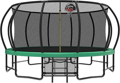 10 12 14 15 16FT Outdoor Trampolines for Kids and Adults, Pumpkin Trampoline with Curved Poles, Recreational Trampoline with Basketball Hoop and Safety Enclosure Net for Kids and Adults