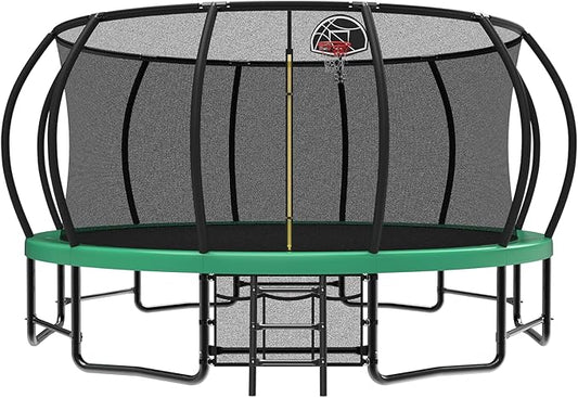 10 12 14 15 16FT Outdoor Trampolines for Kids and Adults, Pumpkin Trampoline with Curved Poles, Recreational Trampoline with Basketball Hoop and Safety Enclosure Net for Kids and Adults