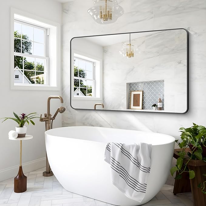 Black Bathroom Mirror,60x40 inch Wall Mirror for Bathroom Wall Mounted,Rectangle Mirror for Bathroom Over Sink,Modern Frame Round Corner for Living Room,Bedroom Entryway,Horizontal/Vertical