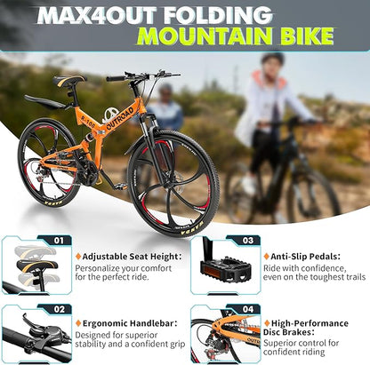 26 Inch Folding Mountain Bike, 21 Speed Full Suspension Bicycle with High-Carbon Steel, Dual Disc Brake Non-Slip Quick Release tire Folding Bicycle for Adults/Men/Women