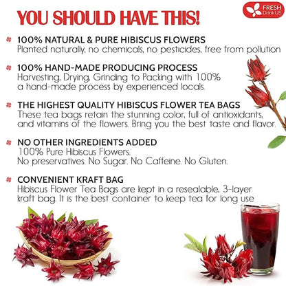 FreshDrinkUS, Premium 10 Hibiscus Flowers Tea Bags, 100% Natural, Pure from Hibiscus Flowers. Loose Flower Hibiscus Herbal Tea. Hibiscus Flower Tea. No Sugar, No Caffeine, No Gluten, Vegan.