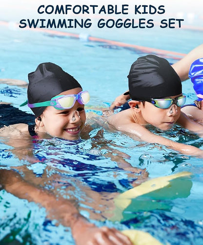 Kids Swim Goggles, Swimming Goggles for Kids Toddlers 3-14 with Swim Cap, Nose Clip, Nose Bridge, Ear Plugs