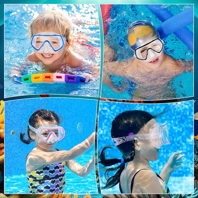 Hoolerry 4 Pcs Kids Nose Goggles Swim Goggles with Nose Cover for 3-8 Tempered Glass Snorkel Dive Mask Anti Fog with Elastic Strap No Leak Swimming Mask for Summer Diving Snorkeling