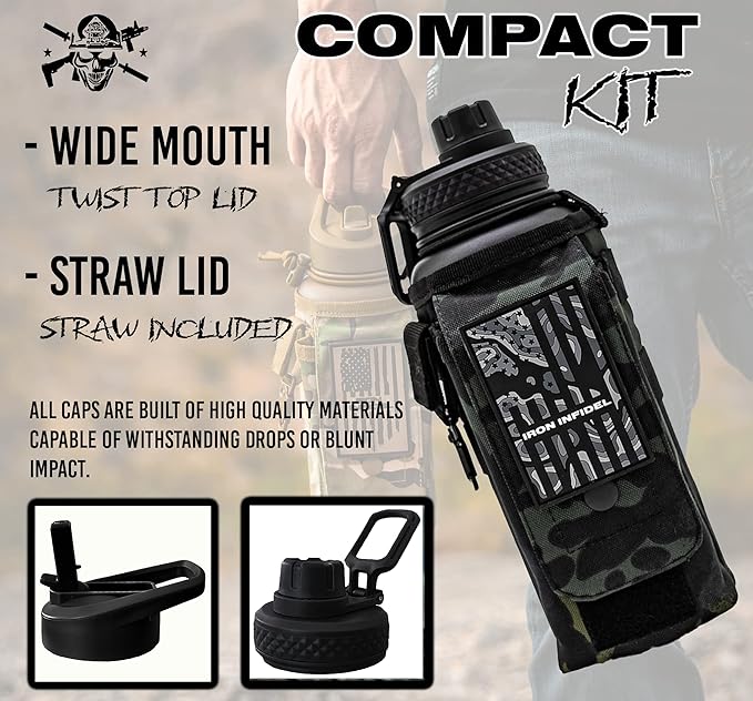 Iron Infidel Battle Bottle - 32 Oz Insulated Water Bottle with Straw Lid & Chug Cap, Stainless Steel Metal Tactical Flask With Rugged, Removable Sleeve for Keys & Phone or Wallet (Black Camo 1 Liter)