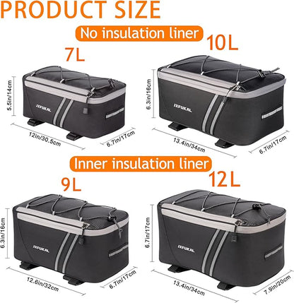 JXFUKAL Rear Bike Rack Bag with Rain Cover, 7L/9L/10L/12L Waterproof Bicycle Ebike Saddle Bag Cycling Pannier Trunk Carrier with Reflector & Adjustable Cord for Commuter Travel Outdoor