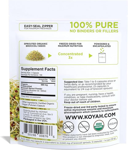 KOYAH Organic Broccoli Sprout Capsules – Freeze-Dried Whole Broccoli Sprouts – 3rd Party Tested for Active Myrosinase & Glucoraphanin (Sulforaphane Glucosinolate) - 150 Capsules