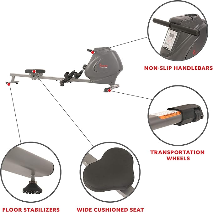 Sunny Health & Fitness Magnetic Rowing Machine for Home Exercise, Quiet & Smooth Rower with Compact Storage and Optional Free SunnyFit App Connectivity