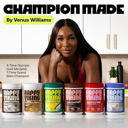 Happy Viking Variety Pack Plant Protein Powder, Created by Venus Williams, 20G Protein, Low Carb, Keto, Vegan, Gluten-Free, Non-GMO, Superfoods, Complete Meal Replacement, 8 Single Serve Packs