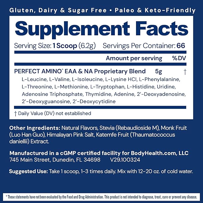 BodyHealth PerfectAmino Powder - BCAA and EAA Powder for Pre and Post Workout - Amino Acid Energy Drink to Support Lean Muscle and Recovery - NSF Certified for Sport - Vanilla - 66 Servings