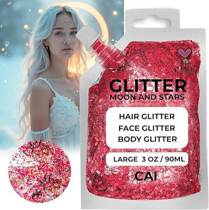 Hair Glitter Gel – Body Glitter for Kids and Women – Iridescent Holograph Cosmetic-Grade Gel w/Moon & Stars for Hair, Body & Face, Applies Smoothly w/o Glue & Washes Off Easily, 3 Oz - Red 2Pack