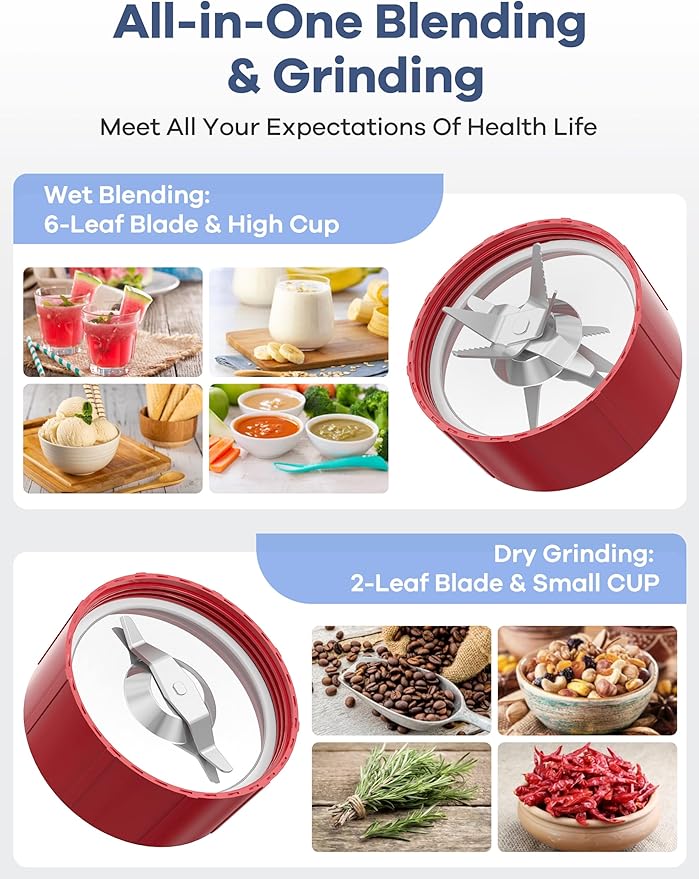 Ganiza Smoothie Blender, 900W Blenders for Shakes and Smoothies, 15-Piece Personal Blender and Grinder Combo for Kitchen, Smoothies Maker with 4 BPA-Free Portable Cup, Nutritious Recipe Red