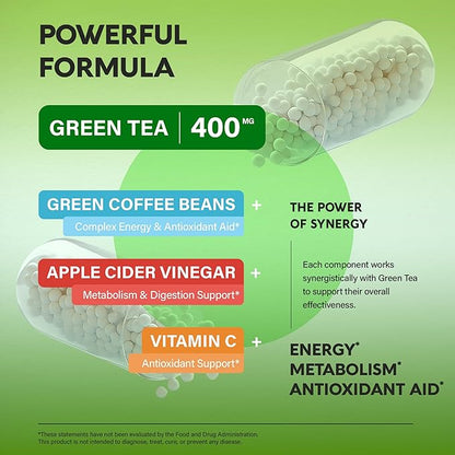 Green Tea Extract Capsules with Green Coffee Beans & Apple Cider Vinegar - Energy & Metabolism Support - Green Tea Supplement 50% EGCG - 20:1 Natural Extract - for Men & Women - 120 Vegan Capsules