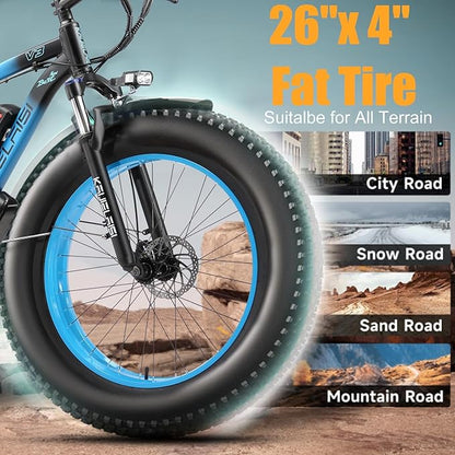 Electric Bike for Adults，26" x 4" Fat Tire Ebike，28MPH 1000W Motor Peak Power 2000W Electric Bicycles，48V 15AH Removable Battery，21 Speed Mountain Snow Beach E Bike