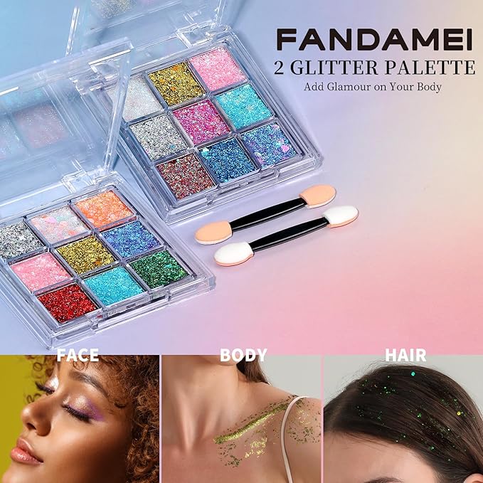 FANDAMEI Face Glitter, 2 PCS Face Glitter Gel 18 Grids, Body Hair Glitter for Kids Women for Makeup, Halloween Rave Concert Face Paint Glitter