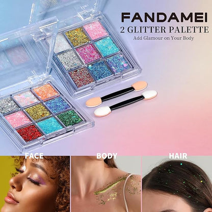 FANDAMEI Face Glitter, 2 PCS Face Glitter Gel 18 Grids, Body Hair Glitter for Kids Women for Makeup, Halloween Rave Concert Face Paint Glitter