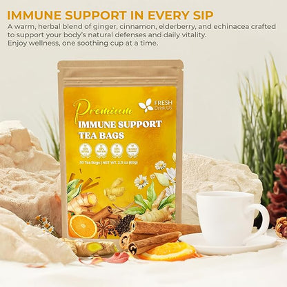 FreshDrinkUS, Premium 30 Tea Bags Immune Support Herbal Tea, Ginger, Cinnamon, Chamomile, Licorice Root, Black Pepper and Orange Peel – 100% Natural, Caffeine-Free, Vegan