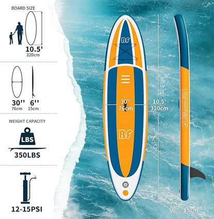 Inflatable Stand Up Paddle Board with SUP Accessories & Backpack. Paddle Boards for Adults. Non-Slip Deck, Wide Stance, Bottom Fin, Double Action Pump.