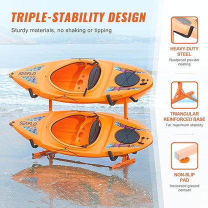 VEVOR Freestanding Kayak Storage Rack, Kayak Stand for 2 or 4 Kayak Canoe Paddleboard, Heavy-Duty Steel Kayak Hanger Holder with Padded Arms and Adjustable Width,for Indoor Outdoor Garage