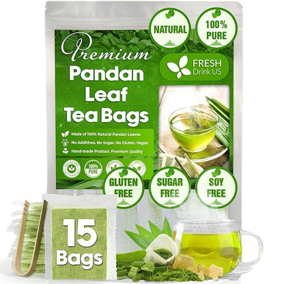 FreshDrinkUS, Premium 15 Pandan Leaf Tea Bags, 100% Natural & Pure from Pandan Leaves. Loose Leaf Pandan Herbal Tea. Made with Natural Material Tea Bags. No Sugar, No Caffeine, No Gluten, Vegan. (15 Tea bags)