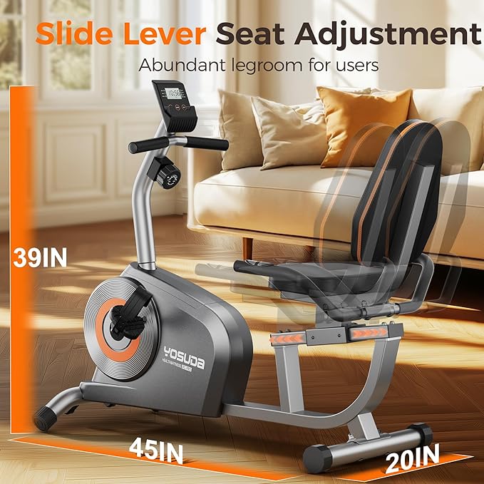 YOSUDA Recumbent Exercise Bike for Home，Magnetic Staionary Bike for Seniors/Adults with Adjustable Seat, 350LB Capacity, 16-level Resistance, LCD Monitor & Pulse Sensors