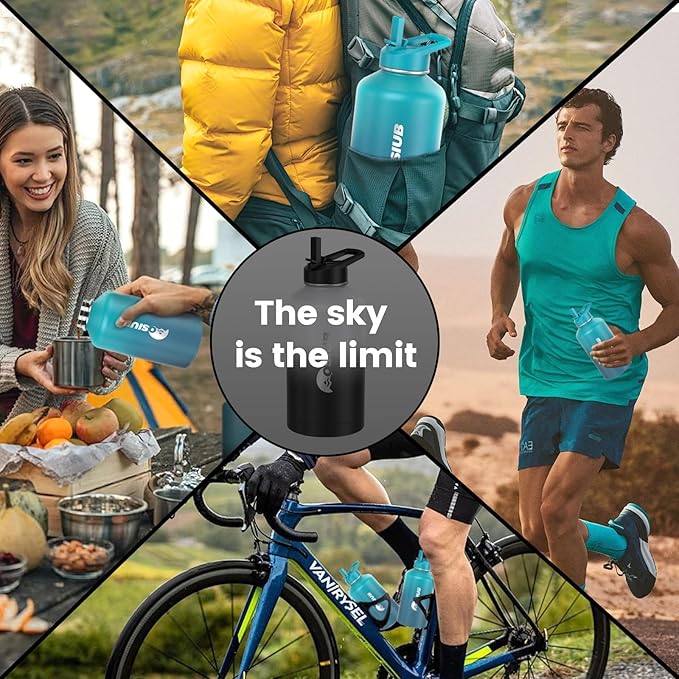 Insulated Water Bottle 64 oz, Triple Wall Vacuum Stainless Steel(Cold for 48 Hrs),Leak Proof & BPA-Free,Half Gallon Water Bottle with Reflective Paracord & Flip Straw for Sports & Travel, CyanBlue