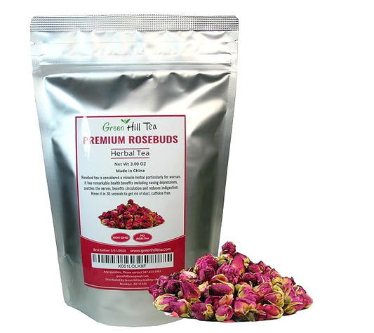Greenhilltea Premium Dried Rose Buds Rosebud Flower Herb Loose Leaf Tea Fragrant Natural Healthy Herbal Tea 3 OZ