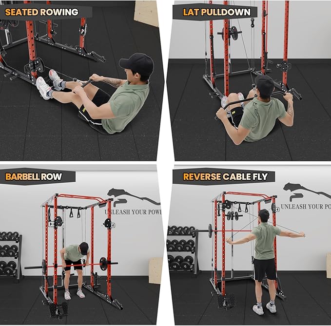 GaveeLife Power Cage, 2000 LBS Power Rack with Cable Cross-Over System, Multi-Functional Strength Training Squat Rack with LAT Pull Down System, Home Gym Equipment with Training Attachment, Red