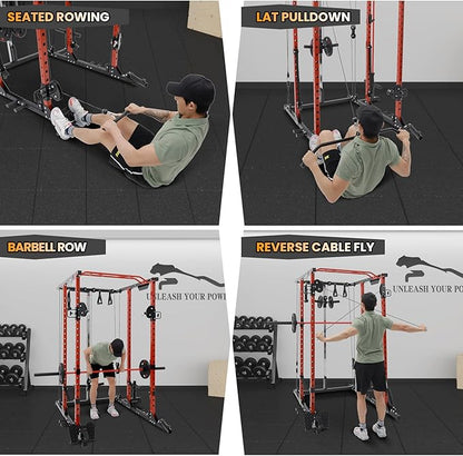 GaveeLife Power Cage, 2000 LBS Power Rack with Cable Cross-Over System, Multi-Functional Strength Training Squat Rack with LAT Pull Down System, Home Gym Equipment with Training Attachment, Red