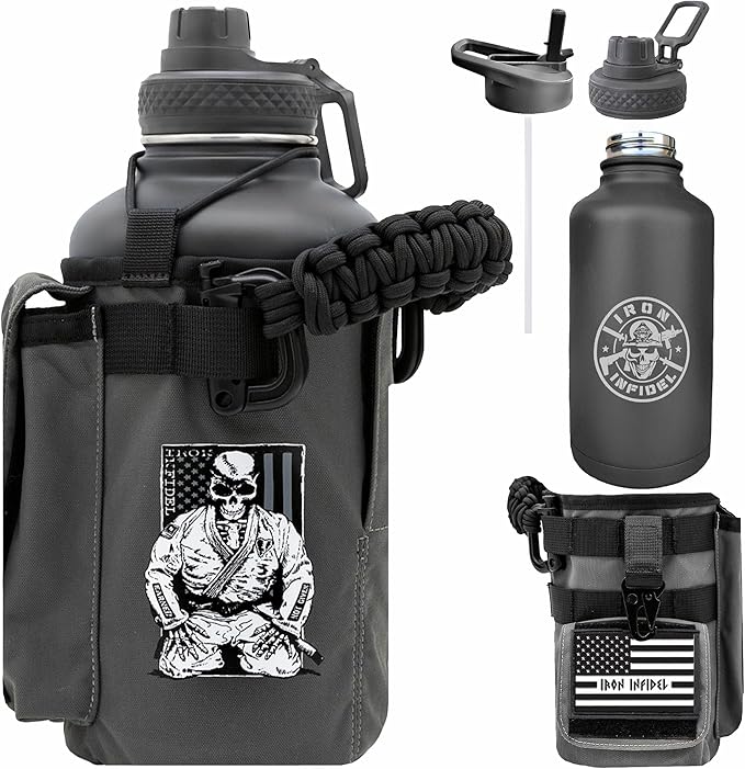 Iron Infidel Battle Bottle - Half Gallon Water Bottle Insulated, 64 oz Stainless Steel Water Jug with Handle - Gym Water Bottle for Men with Rugged Sleeve for Storage (Earned, Not Given 2 Liter)