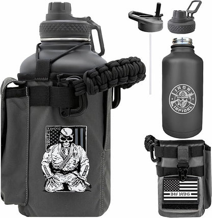 Iron Infidel Battle Bottle - Half Gallon Water Bottle Insulated, 64 oz Stainless Steel Water Jug with Handle - Gym Water Bottle for Men with Rugged Sleeve for Storage (Earned, Not Given 2 Liter)