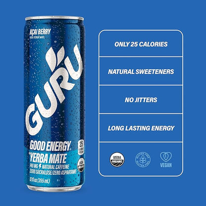 GURU Yerba Mate Organic Energy Drinks, Clean Energy Drink with Plant Based Natural Caffeine from Green Tea, Low Calorie, Gluten Free, 140mg Caffeine, Healthy Drinks, Acai Berry, 12oz (Pack of 12)