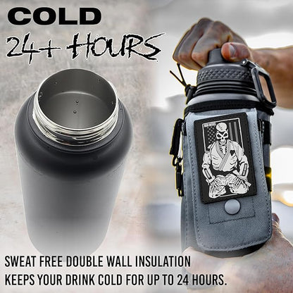 Iron Infidel Battle Bottle - 32 Oz Insulated Water Bottle with Straw Lid & Chug Cap, Stainless Steel Metal Flask Includes Rugged, Removable Sleeve for Keys, Wallet, & Phone (Earned, Not Given 1 Liter)