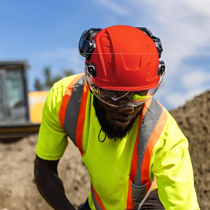 GE Safety Helmet, Impact Absorbing Tech, Adjustable Ratchet, ANSI Type 1, Memory Foam Padding, Hard Hats Protection, Lightweight, Durable, Chin Strap, Comfortable Fit OSHA Approved