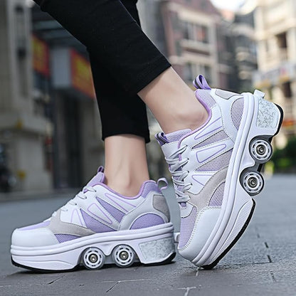 2-in-1 Roller Skates & Sneakers Unisex Retractable Wheels Outdoor Fun & Fitness Kick Roller Shoes