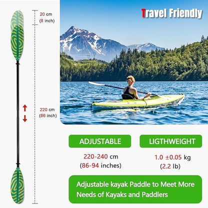 Kayak Paddles with Fiberglass Shaft and Reinforced PP Blade, Floating Adjustable Kayaking Oars, 3 Piece, 220-240 cm/86-94 Inches, 240-260 cm/94-102 Inches