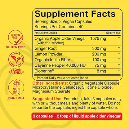 Intentionally Bare Apple Cider Vinegar with Mother Capsules - ACV Capsules with Ginger, Lemon, Cayenne and Inulin - Keto Friendly and Gluten Free for Energy, Immunity and Gut Health - 120 Capsules