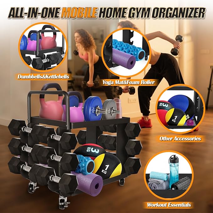Dumbbell Rack Stand Only - Home Gym Equipment Storage Rack with Rubber Covers & Wheels - Compact Mobile Cart Design for Kettlebells, Yoga Mats & Fitness Gear