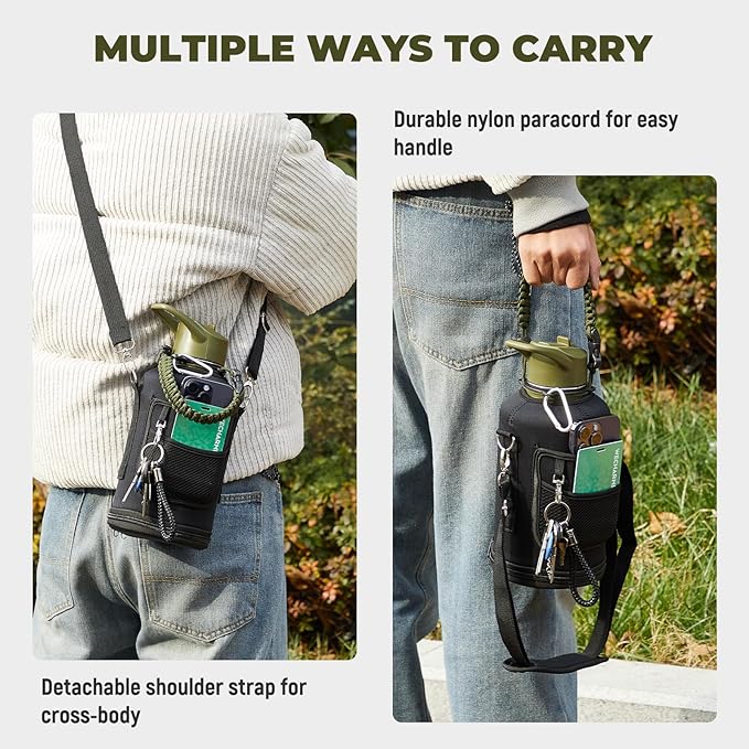 Half Gallon Insulated Water Bottle, 64 oz Triple Wall Stainless Steel Flask, Keeps Drinks Cold for 48 Hrs Leak-Proof & BPA-Free Half Gallon Jug with Paracord Handle, Straw & Spout Lids(Army Green)