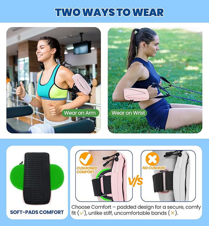 HiRui Cell Phone Holder Arm Bag & Wrist Bag for Phone, Sports Running Armband for Gym & Cycling, Compatible with iPhone 16/16Pro/Plus/15/14 Samsung Galaxy All Phones, Reflective & Adjustable (Pink)