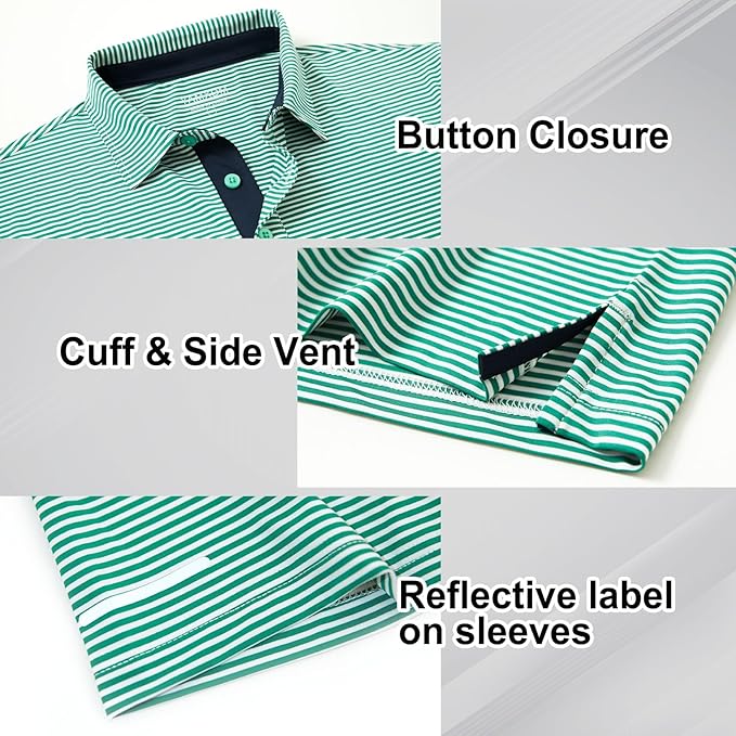 Golf Shirts for Men - Moisture Wicking Short Sleeve Performance Sport Casual Striped Collared Mens Polo Shirt