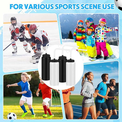 Domensi 4 Pack 1 Liter Sports Water Bottle W/long Straw Hockey Lacrosse Water Bottle with Straw Bpa Free Squeeze Plastic Use Sport Helmet in Football Baseball Gym(Black/translucent,Classic)