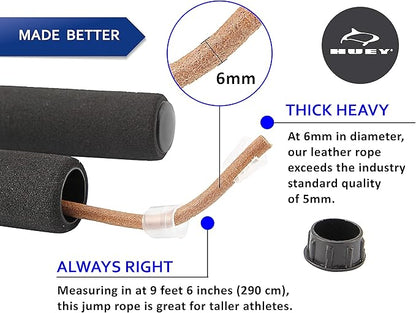 HUEY Sport Leather Jump Rope Skipping Rope for Speed Quiet Training Boxing MMA Cardio Crossfit Fitness Workout Indoor and Outside Exercise for Adult Kids Men and Women (5.5 oz)