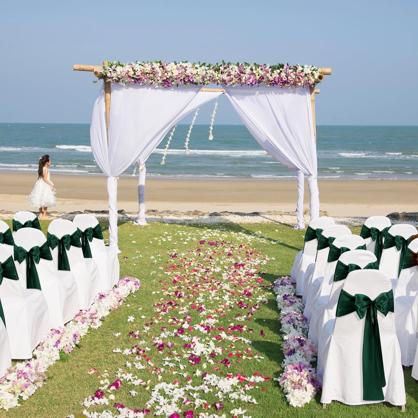 10 PCS Forest Green Satin Chair Sashes Bows Universal Chair Ribbon Ties Back Sash for Wedding Party Reception Events Banquets Hotel Event Chair Cover Decoration (7x108 inch)