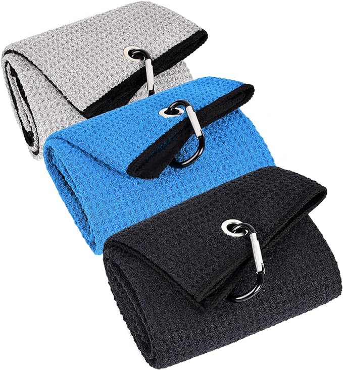 3 Pack Large Golf Towels, 16" x 24" Tri-Fold Portable Microfiber Fabric Waffle Pattern Golf Towel for Golf Bag with Carabiner Clip to Quickly Remove Sand, Mud, Dirt and Sweat