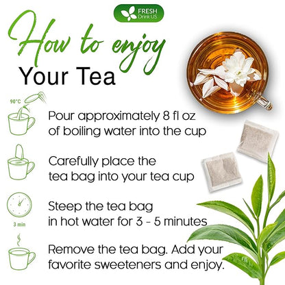 FreshDrinkUS Premium 135 Jasmine Green Tea Bags - 100% Natural & Pure, Made with Natural Material Tea Bags, No Sugar, No Gluten, Vegan