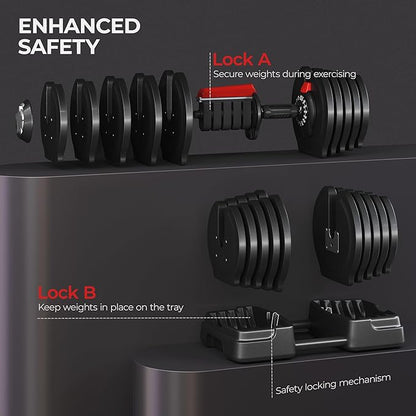 Yaheetech Adjustable Dumbbell Set Free Weight Dumbbells 40lbs/52.5lbs/90lbs Fast Adjust Dumbbells Dumbbell Weight Set, with Tray for Men/Women Strength Training Equipment