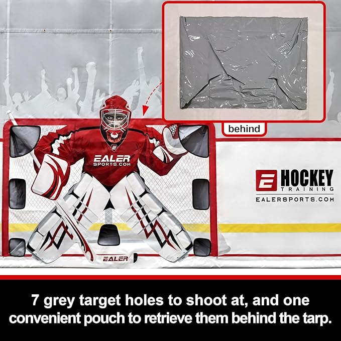 EALER Hockey Shooting Tarp 7x10 FT & 7/8x16 FT in 1 - Heavy Duty Goalie Target for Ice & Street Practice - Tear-Proof Built-in Shooter Tutor - Net Replacement for Garage Wall Protection